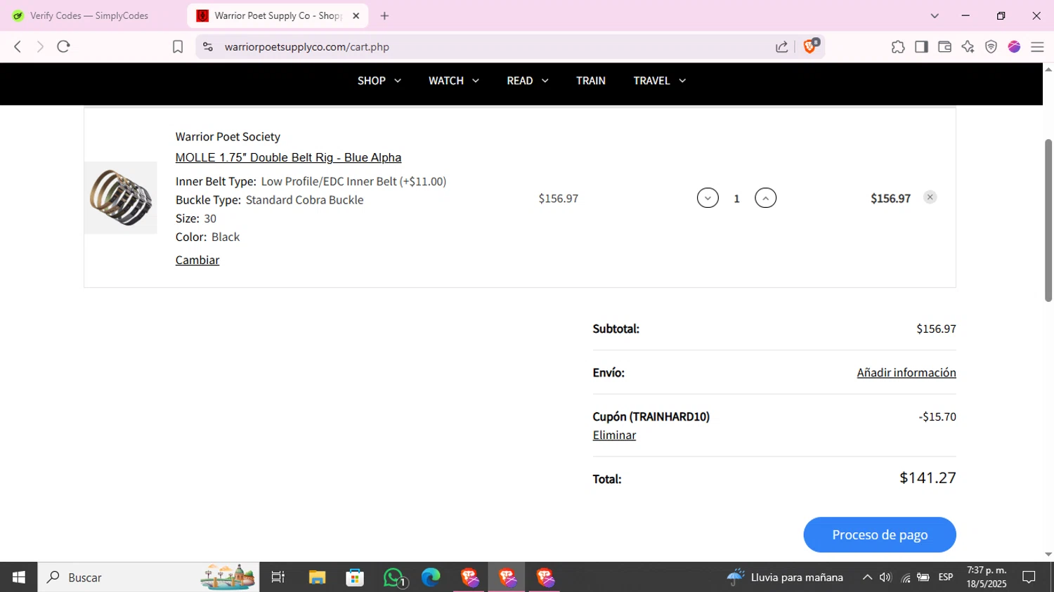Warrior Poet Supply Co coupon code screenshot showing code TRAINHARD10 applied at Warrior Poet Supply Co checkout page. Uploaded by SimplyCodes community member KimChrista_ on May 18, 2025