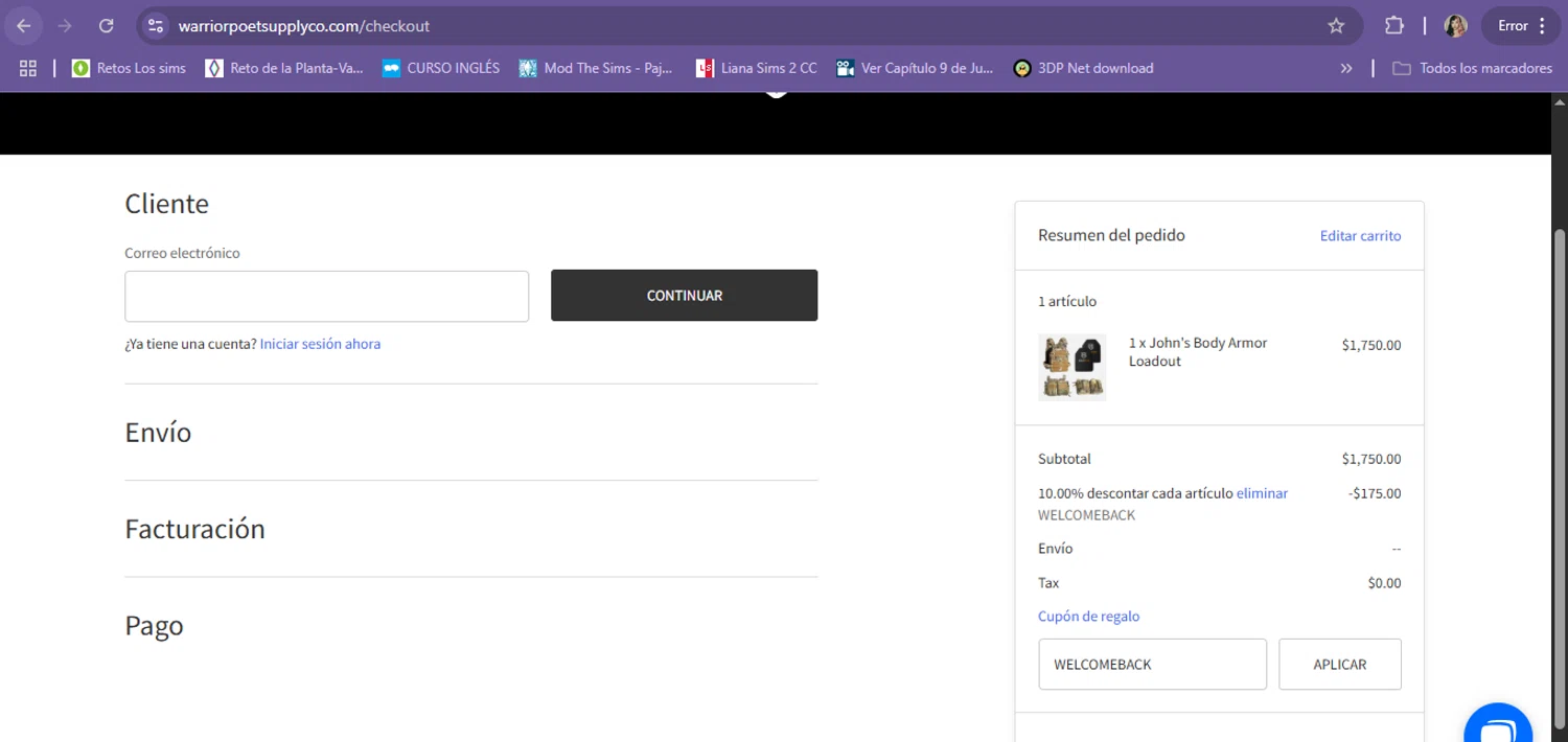 Warrior Poet Supply Co coupon code screenshot showing code WELCOMEBACK applied at Warrior Poet Supply Co checkout page. Uploaded by SimplyCodes community member Milk_Tea on May 25, 2025