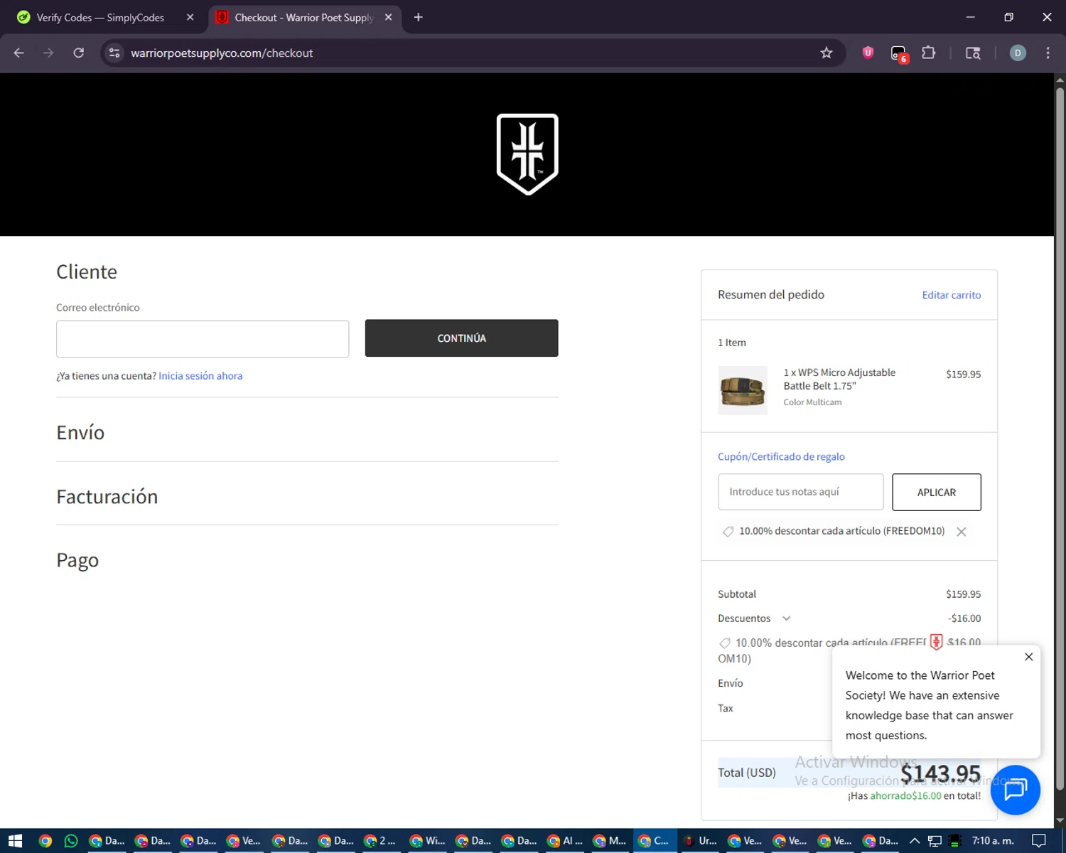 Warrior Poet Supply Co checkout page showing Warrior Poet Supply Co coupon code box | Screenshot taken by SimplyCodes community member on Jan 29, 2026