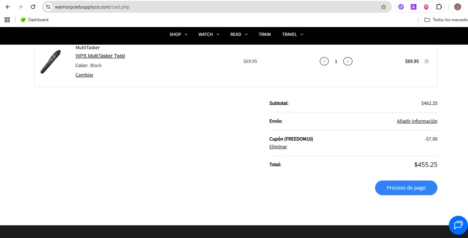 Warrior Poet Supply Co coupon code screenshot showing code FREEDOM10 applied at Warrior Poet Supply Co checkout page. Uploaded by SimplyCodes community member Jose29 on Dec 2, 2025