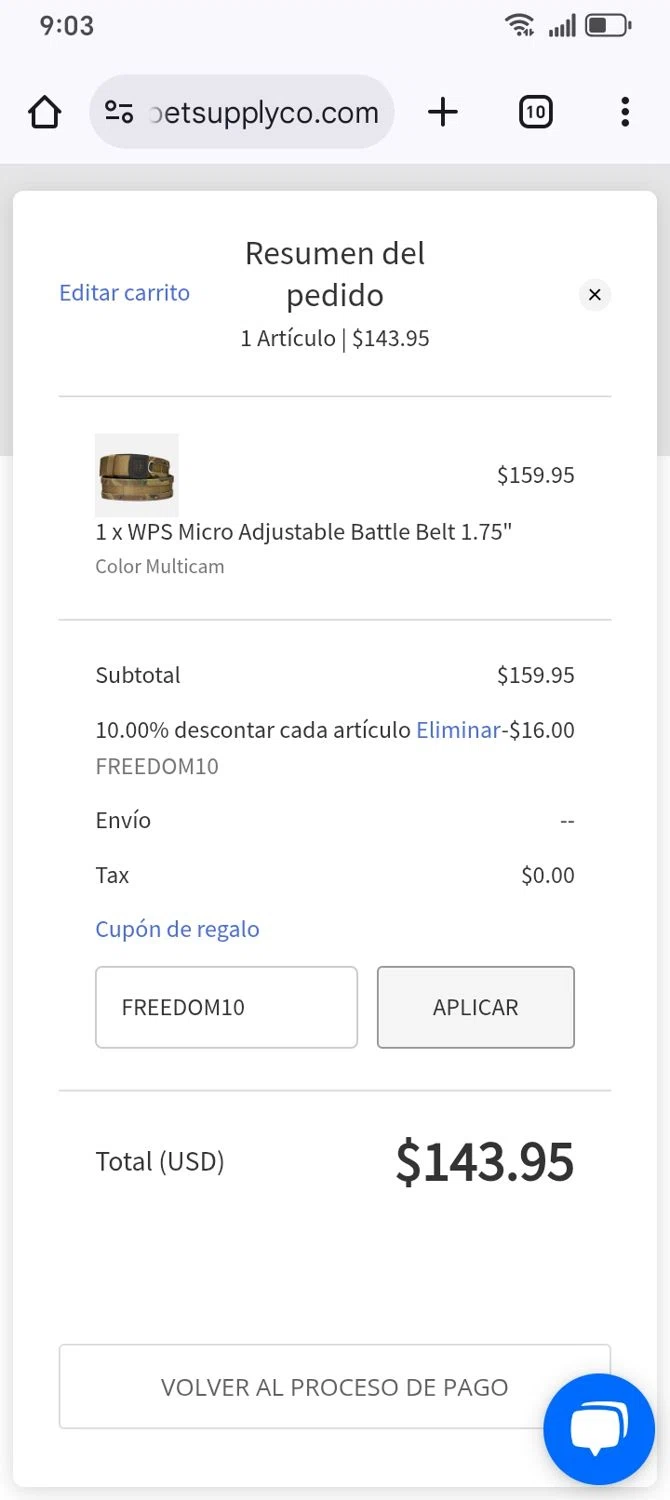 Warrior Poet Supply Co coupon code screenshot showing code FREEDOM10 applied at Warrior Poet Supply Co checkout page. Uploaded by SimplyCodes community member franksanchez on Jul 9, 2025