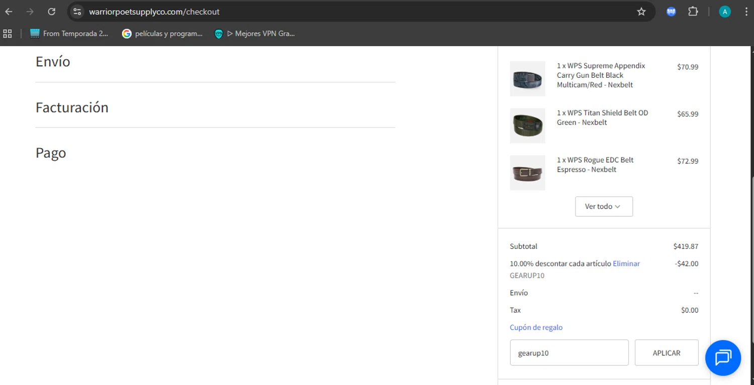 Warrior Poet Supply Co coupon code screenshot showing code gearup10 applied at Warrior Poet Supply Co checkout page. Uploaded by SimplyCodes community member AlexSierra on Sep 10, 2025