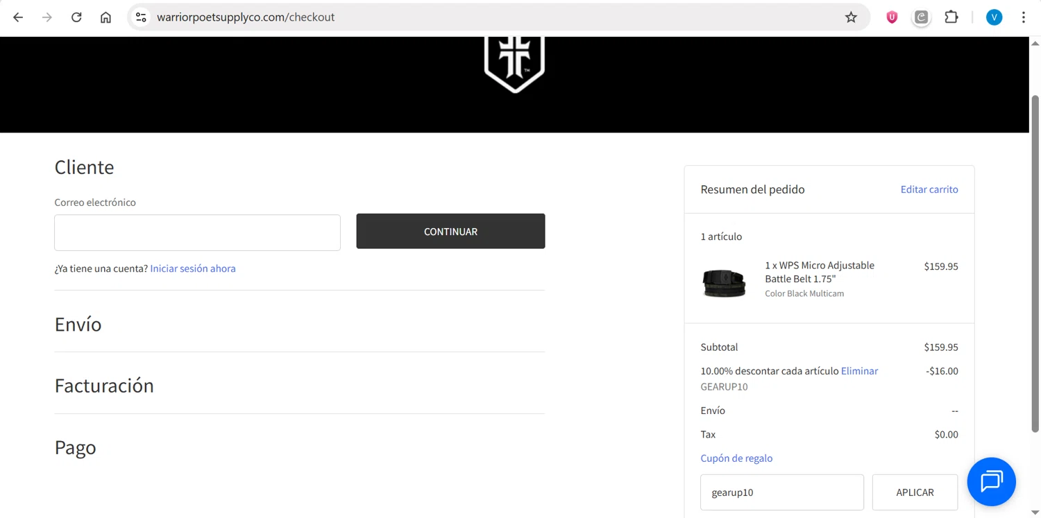 Warrior Poet Supply Co coupon code screenshot showing code gearup10 applied at Warrior Poet Supply Co checkout page. Uploaded by SimplyCodes community member CleverPilot4885 on Sep 10, 2025