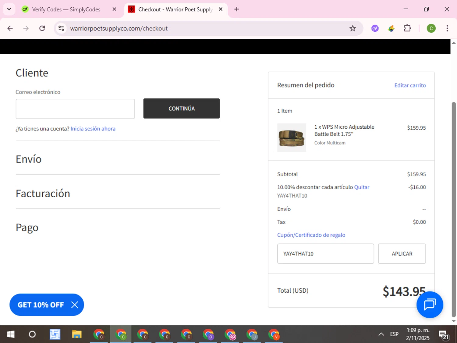 Warrior Poet Supply Co coupon code screenshot showing code YAY4THAT10 applied at Warrior Poet Supply Co checkout page. Uploaded by SimplyCodes community member RoyalKnight4673 on Nov 2, 2025