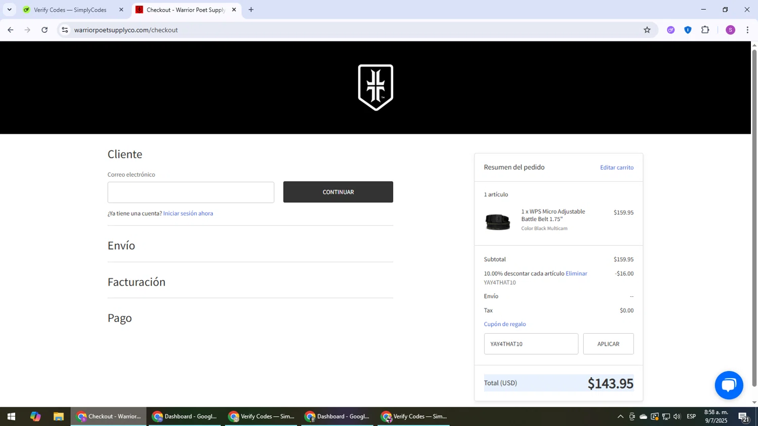 Warrior Poet Supply Co coupon code screenshot showing code YAY4THAT10 applied at Warrior Poet Supply Co checkout page. Uploaded by SimplyCodes community member Son_Goku on Jul 9, 2025