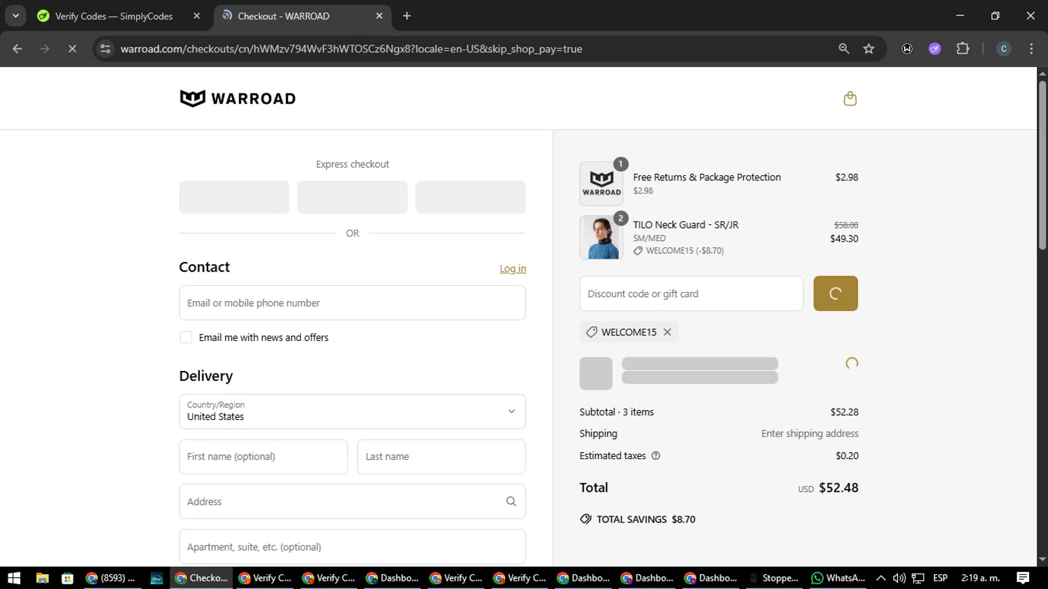 Warroad discount code screenshot showing code WELCOME15 applied at Warroad checkout page. Uploaded by SimplyCodes community member Nata_Montana on Jun 26, 2025