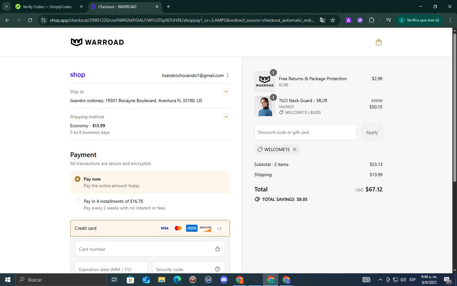 Warroad discount code screenshot showing code WELCOME15 applied at Warroad checkout page. Uploaded by SimplyCodes community member ValueExpert7524 on Sep 8, 2025