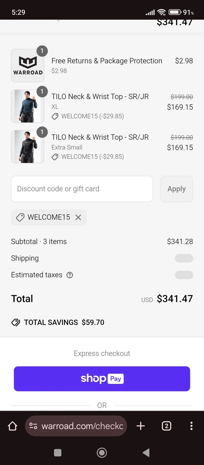 Warroad discount code screenshot showing code WELCOME15 applied at Warroad checkout page. Uploaded by SimplyCodes community member carlacabrera1 on Jun 4, 2025