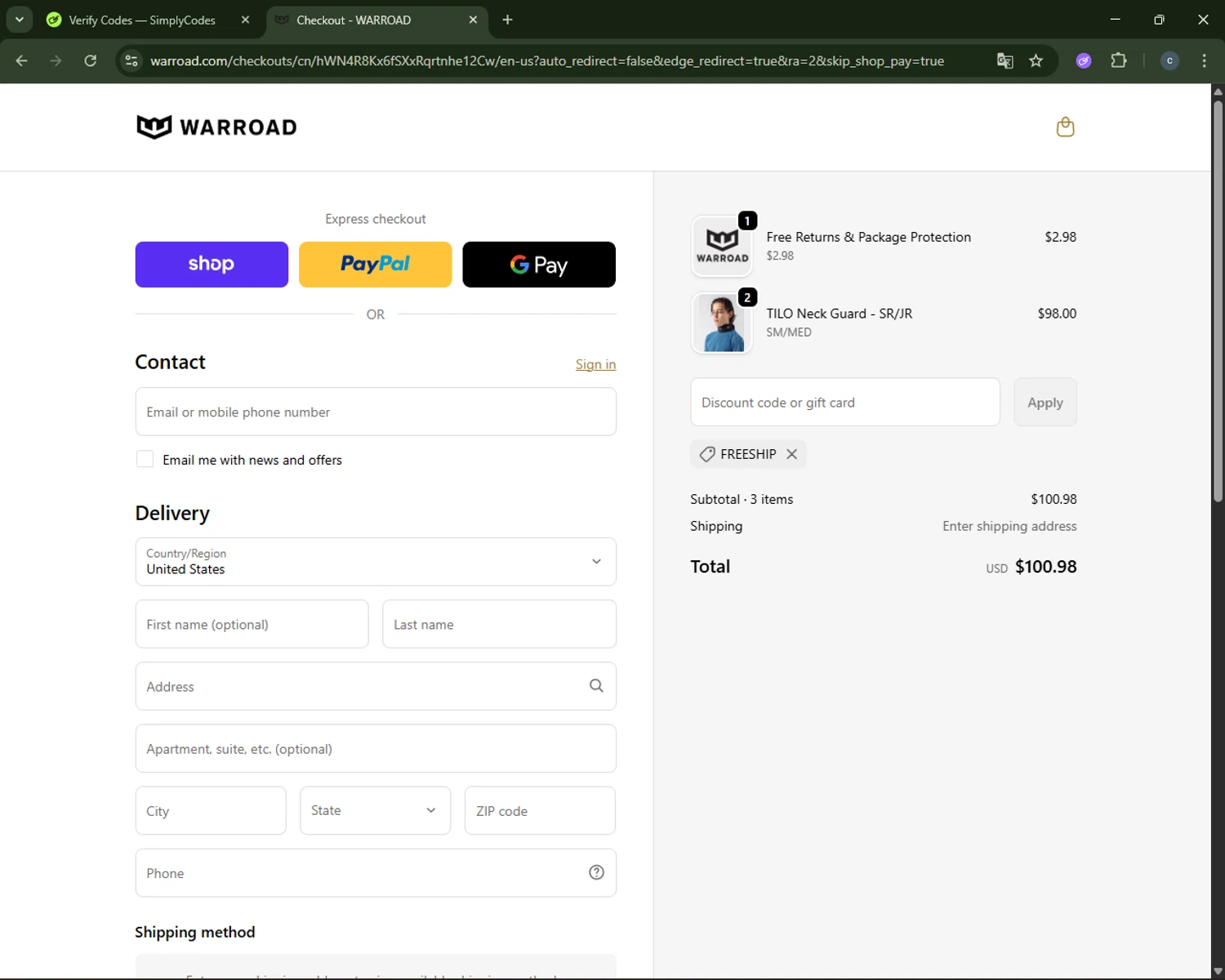 Warroad discount code screenshot showing code FREESHIP applied at Warroad checkout page. Uploaded by SimplyCodes community member CouponAce2971 on Oct 23, 2025