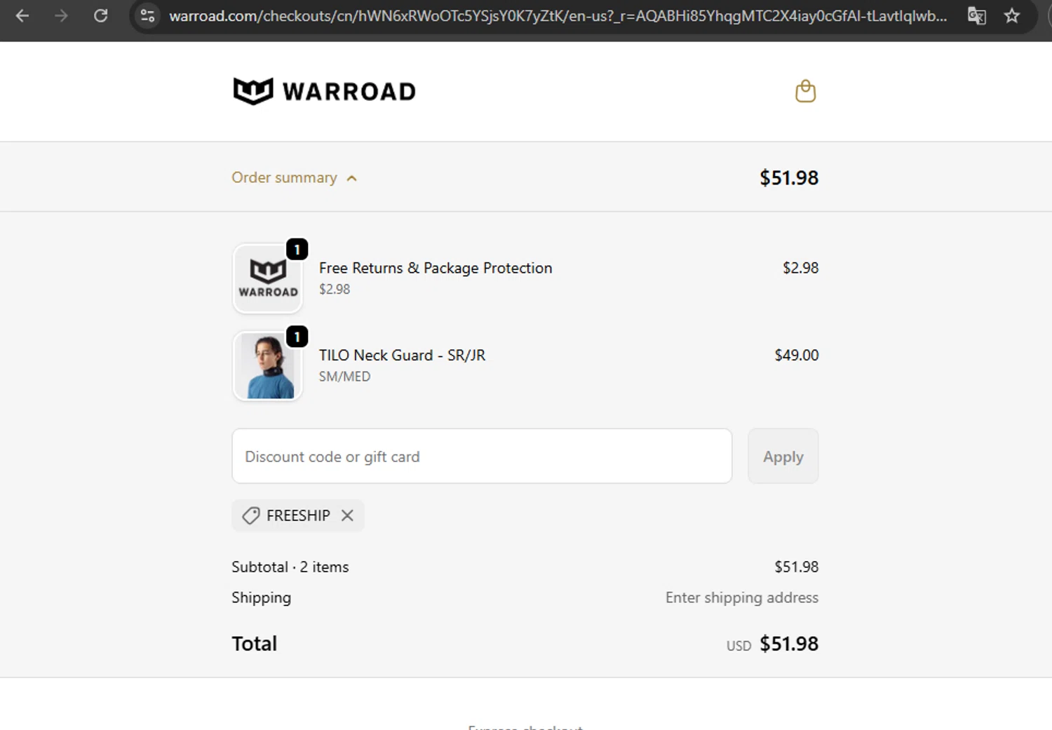 Warroad discount code screenshot showing code FREESHIP applied at Warroad checkout page. Uploaded by SimplyCodes community member ExtraordinarySleuth3936 on Dec 29, 2025