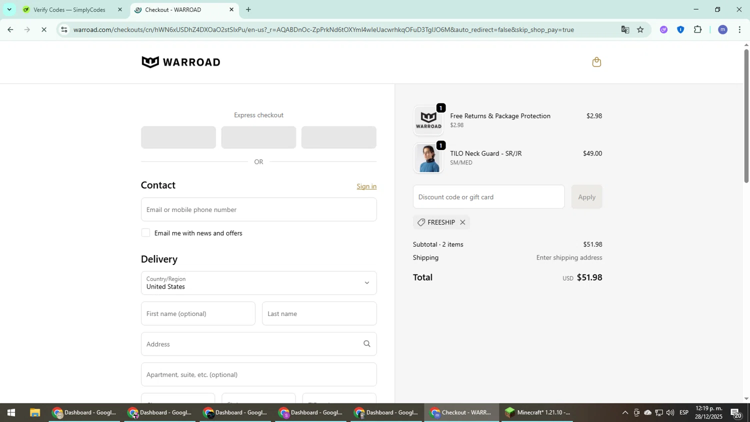Warroad discount code screenshot showing code FREESHIP applied at Warroad checkout page. Uploaded by SimplyCodes community member QuestDefender2661 on Dec 28, 2025