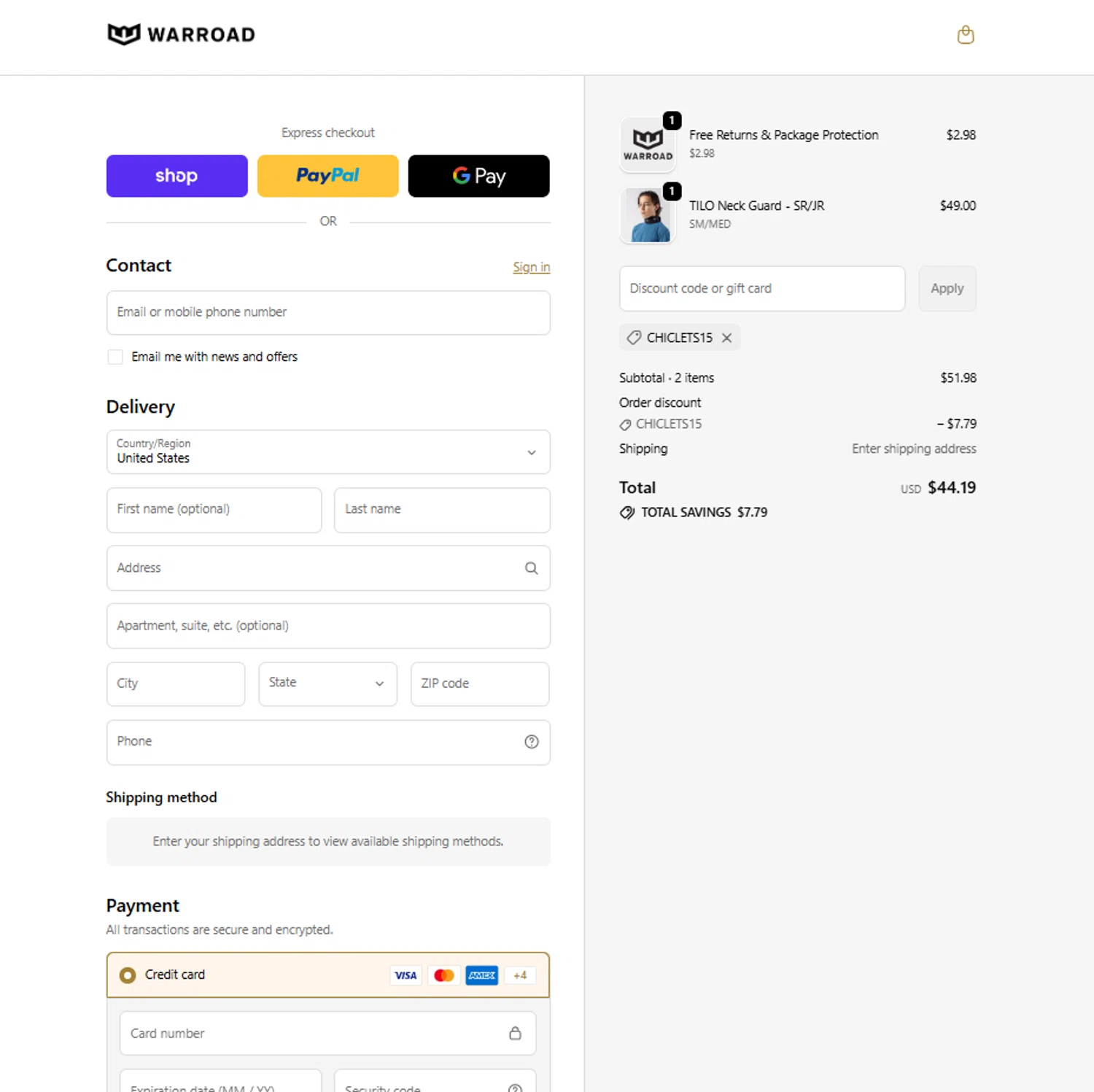 Warroad discount code screenshot showing code CHICLETS15 applied at Warroad checkout page. Uploaded by SimplyCodes community member reggiesmith on Jan 17, 2026