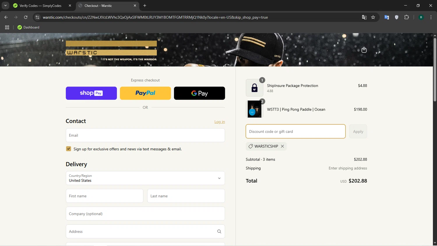 Warstic discount code screenshot showing code WARSTICSHIP applied at Warstic checkout page. Uploaded by SimplyCodes community member Coneflavols on Apr 2, 2025