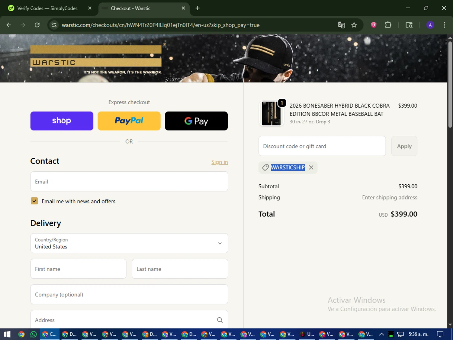 Warstic discount code screenshot showing code WARSTICSHIP applied at Warstic checkout page. Uploaded by SimplyCodes community member MagnificentWarden4603 on Oct 24, 2025