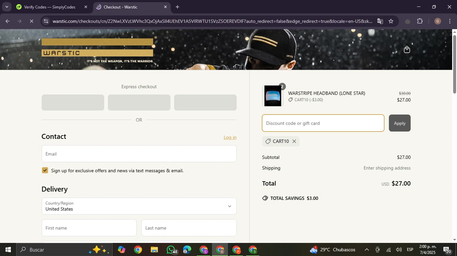 Warstic discount code screenshot showing code CART10 applied at Warstic checkout page. Uploaded by SimplyCodes community member BrilliantTracker4207 on Apr 7, 2025