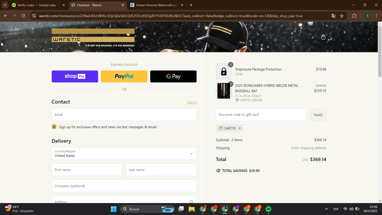 Warstic discount code screenshot showing code CART10 applied at Warstic checkout page. Uploaded by SimplyCodes community member ThriftyTitan786 on Feb 18, 2025