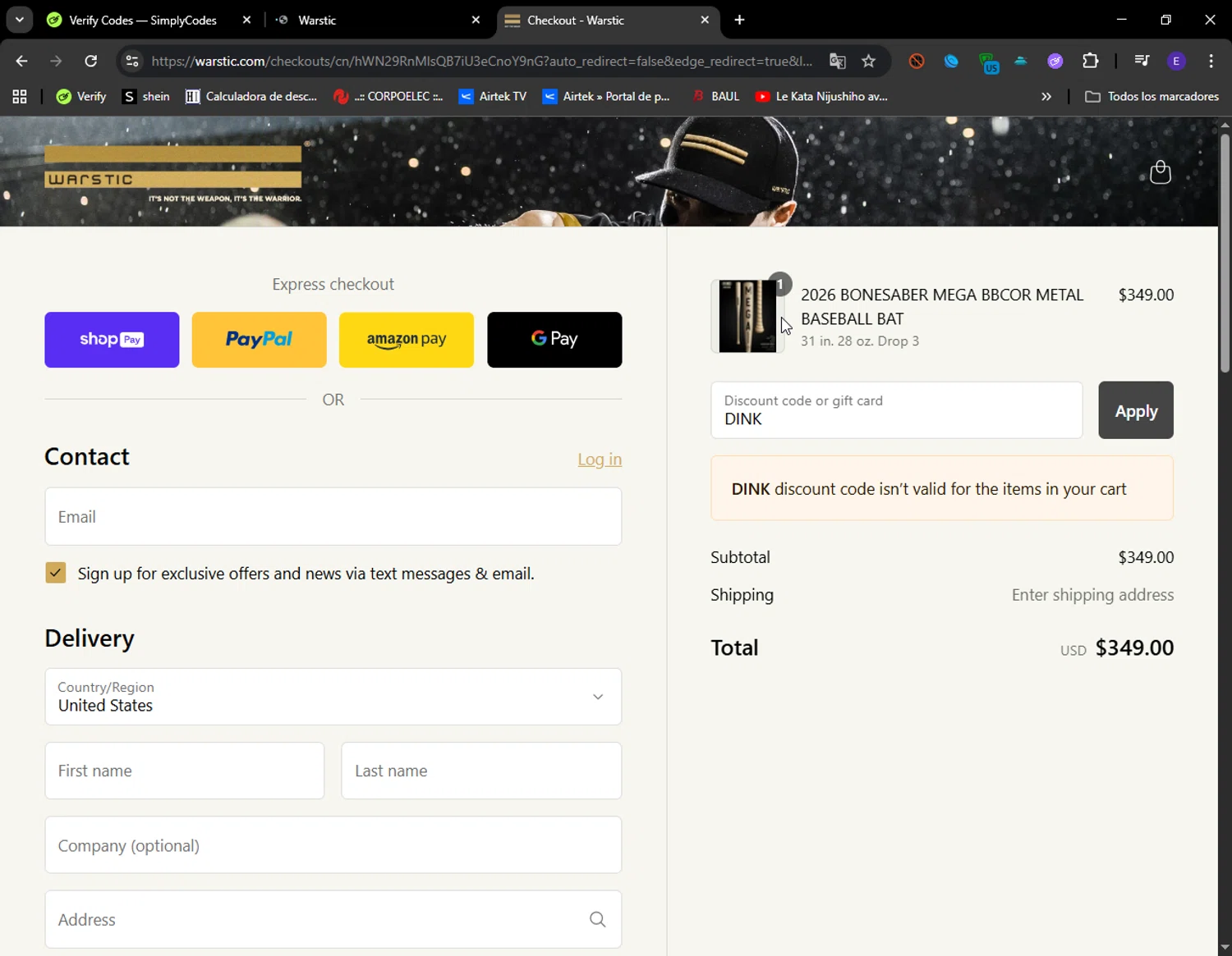 Warstic discount code screenshot showing code DINK applied at Warstic checkout page. Uploaded by SimplyCodes community member LuckyFinder274 on Aug 24, 2025