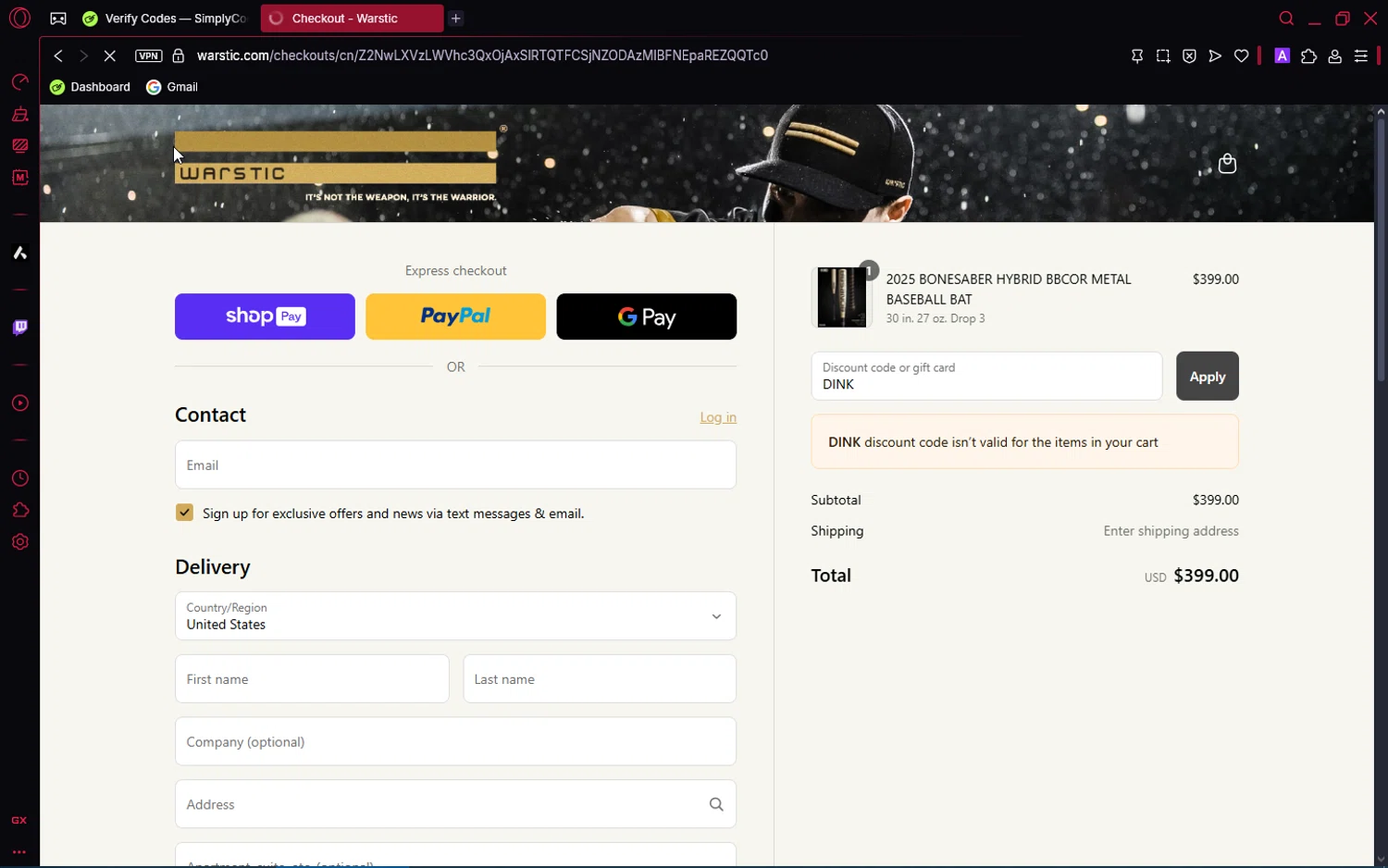 Warstic discount code screenshot showing code DINK applied at Warstic checkout page. Uploaded by SimplyCodes community member Pioneer1 on May 9, 2025