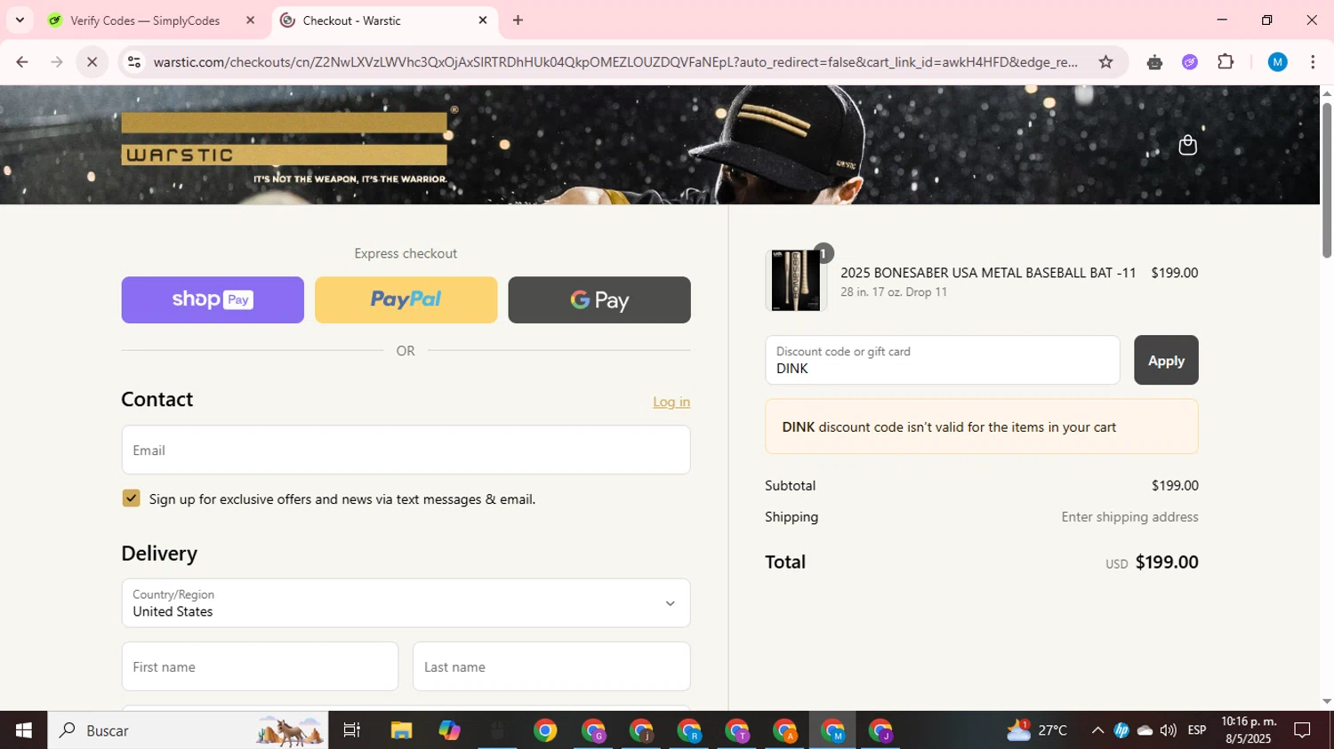 Warstic discount code screenshot showing code DINK applied at Warstic checkout page. Uploaded by SimplyCodes community member LegendaryCurator1585 on May 9, 2025