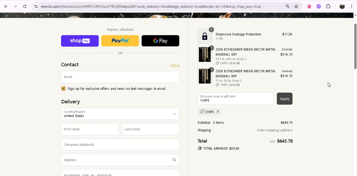 Warstic discount code screenshot showing code CHIPS applied at Warstic checkout page. Uploaded by SimplyCodes community member JASTIFY on Aug 6, 2025