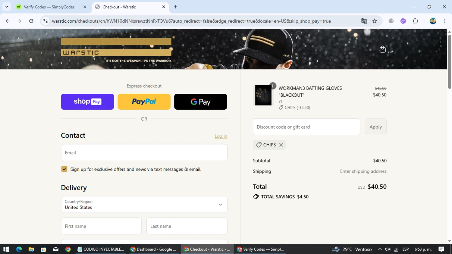 Warstic discount code screenshot showing code CHIPS applied at Warstic checkout page. Uploaded by SimplyCodes community member gleykerjose on Jul 24, 2025