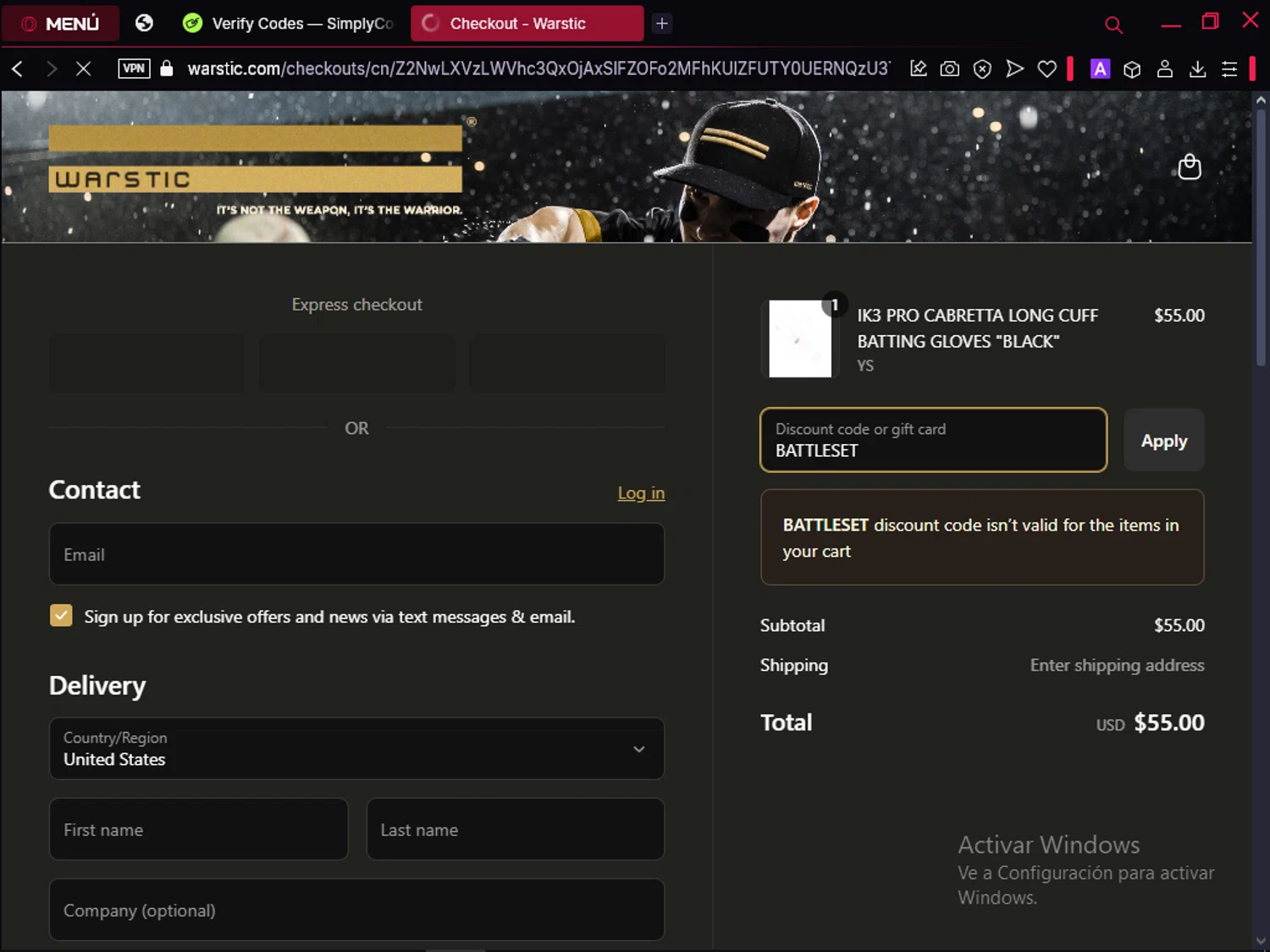 Warstic discount code screenshot showing code BATTLESET applied at Warstic checkout page. Uploaded by SimplyCodes community member MoneyAce864 on Apr 3, 2025