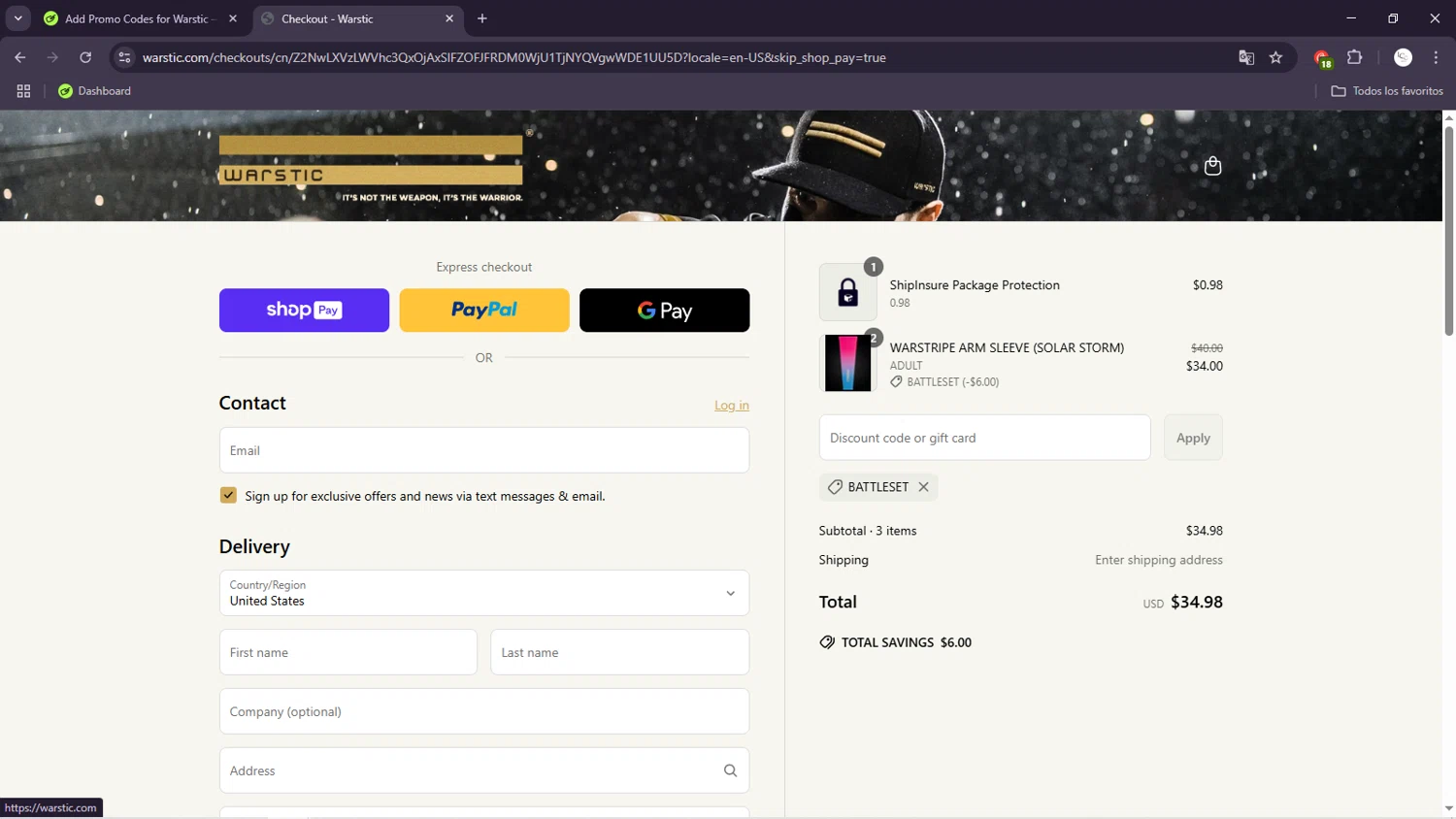 Warstic discount code screenshot showing code BATTLESET applied at Warstic checkout page. Uploaded by SimplyCodes community member ScanSage643 on Apr 3, 2025