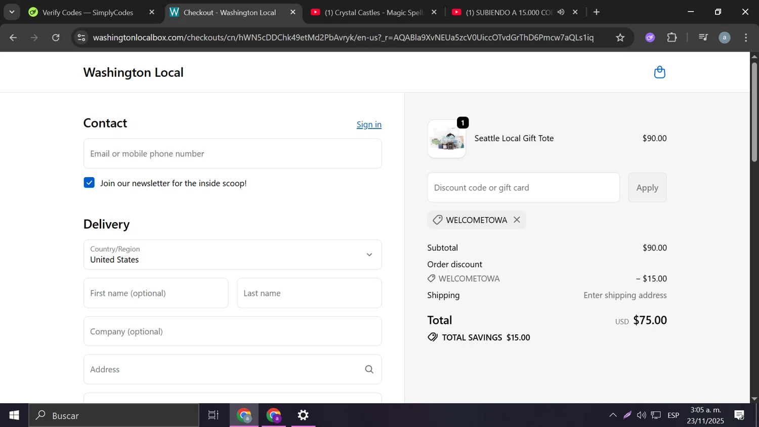 Washington Local promo code screenshot showing code WelcometoWA applied at Washington Local checkout page. Uploaded by SimplyCodes community member Frizk_1 on Nov 23, 2025