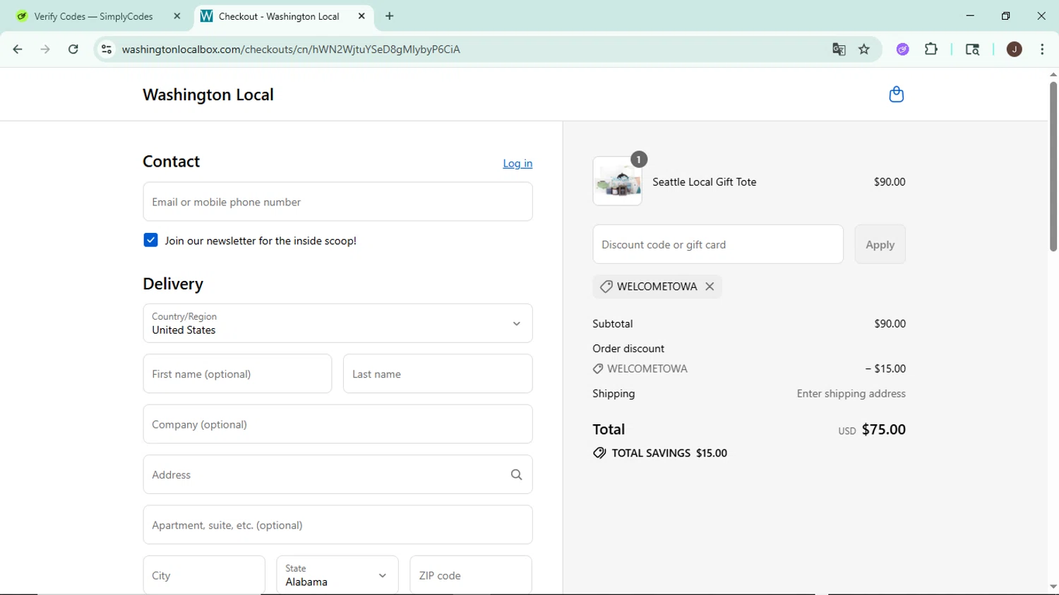Washington Local promo code screenshot showing code WelcometoWA applied at Washington Local checkout page. Uploaded by SimplyCodes community member LegendaryAce8627 on Sep 2, 2025
