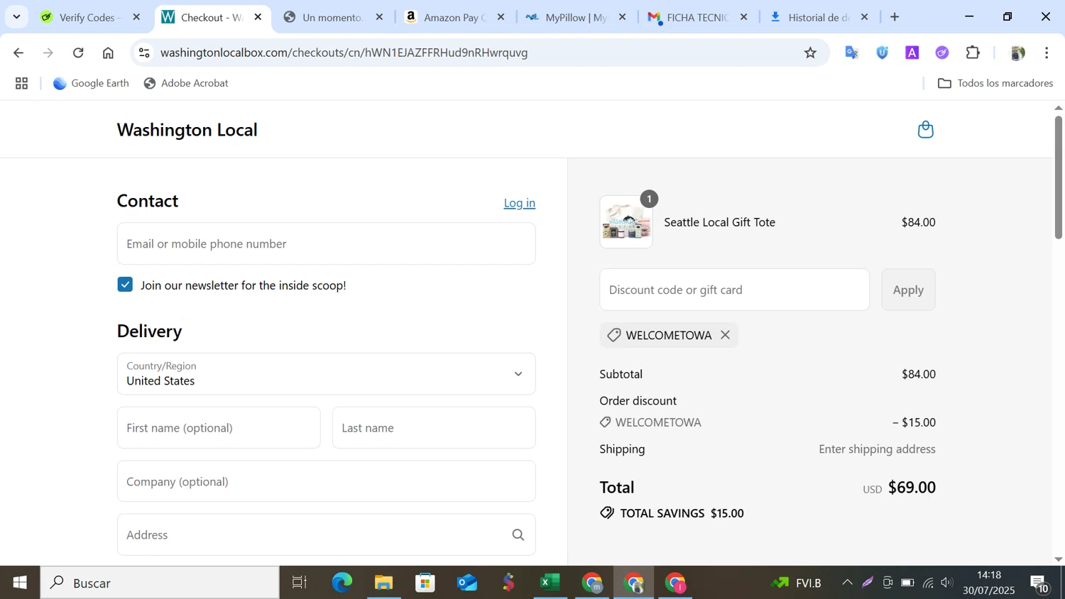 Washington Local promo code screenshot showing code WelcometoWA applied at Washington Local checkout page. Uploaded by SimplyCodes community member NobleMonarch5837 on Jul 30, 2025