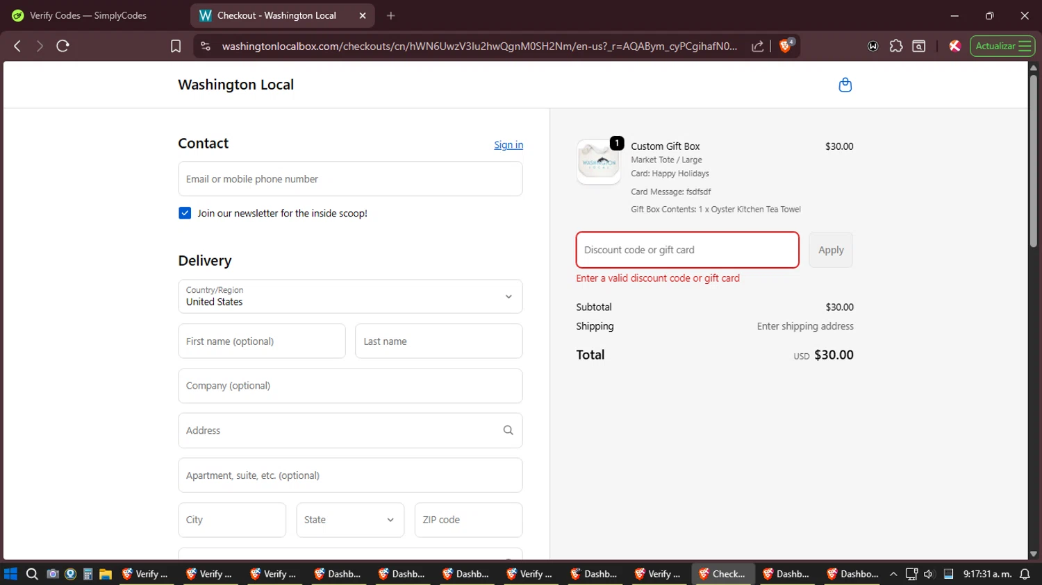 Washington Local promo code screenshot showing code FREESHIPPINGFRIDAY applied at Washington Local checkout page. Uploaded by SimplyCodes community member Amidamaru on Dec 16, 2025