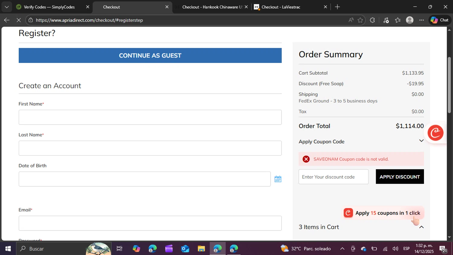 Washington Local promo code screenshot showing code FREESHIPPINGFRIDAY applied at Washington Local checkout page. Uploaded by SimplyCodes community member swiftie on Dec 14, 2025
