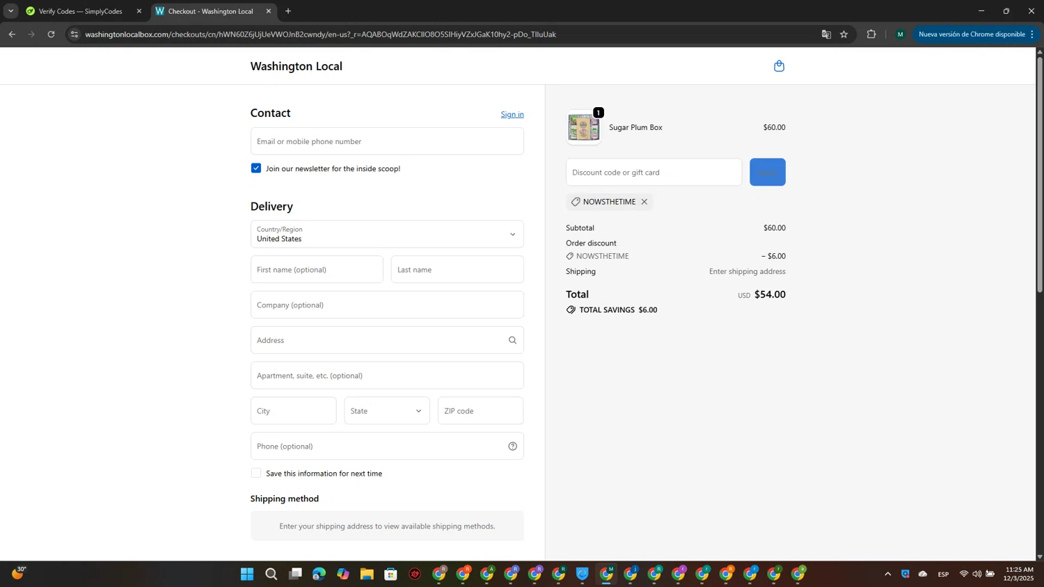 Washington Local promo code screenshot showing code NOWSTHETIME applied at Washington Local checkout page. Uploaded by SimplyCodes community member MDLECHUZA on Dec 3, 2025