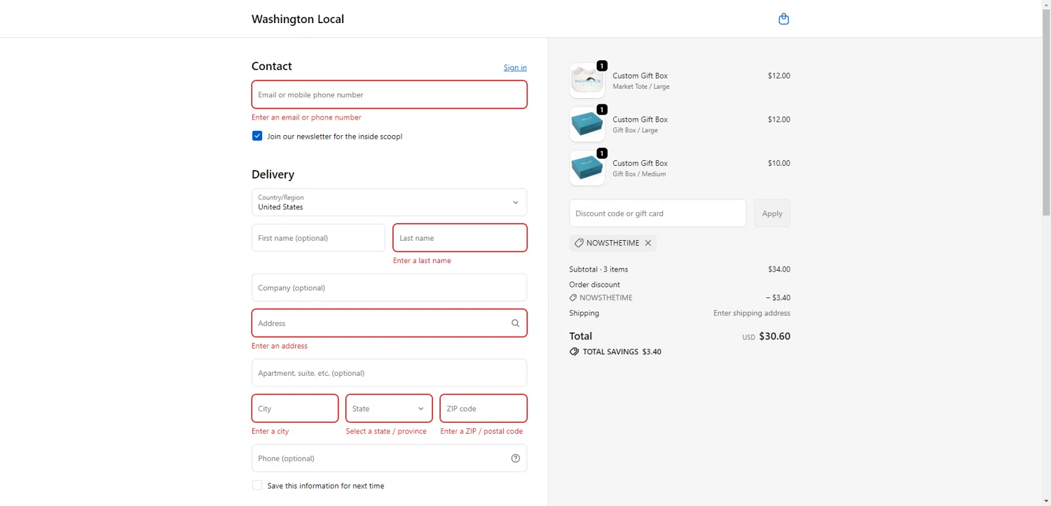 Washington Local promo code screenshot showing code NOWSTHETIME applied at Washington Local checkout page. Uploaded by SimplyCodes community member PromoAdmiral6652 on Nov 18, 2025