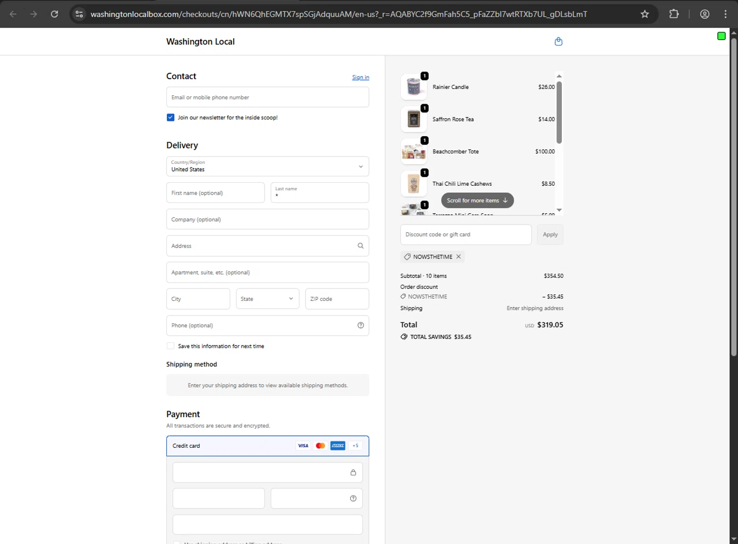 Washington Local promo code screenshot showing code NOWSTHETIME applied at Washington Local checkout page. Uploaded by SimplyCodes community member gokuyvegetta on Dec 14, 2025