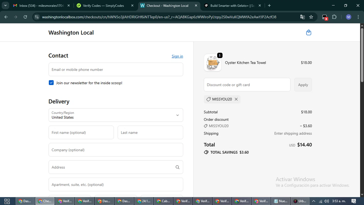 Washington Local promo code screenshot showing code MISSYOU20 applied at Washington Local checkout page. Uploaded by SimplyCodes community member PrimeFox5260 on Nov 28, 2025