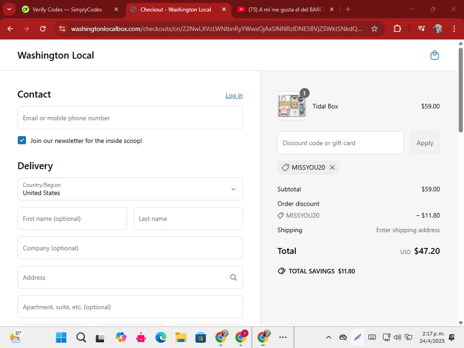 Washington Local promo code screenshot showing code MISSYOU20 applied at Washington Local checkout page. Uploaded by SimplyCodes community member ShrewdSeeker5445 on Apr 24, 2025