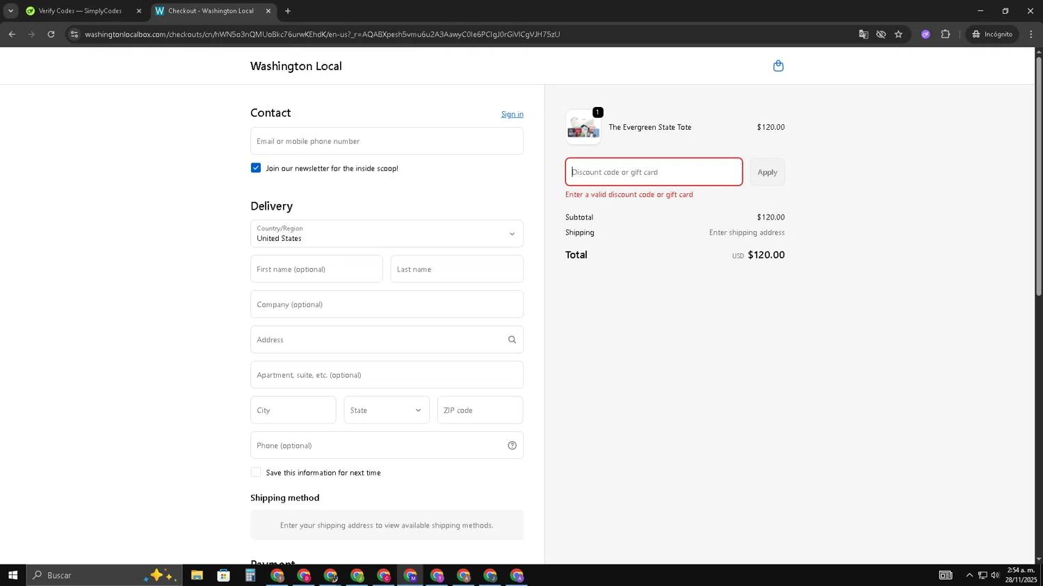 Washington Local promo code screenshot showing code BLACKFRIDAY25 applied at Washington Local checkout page. Uploaded by SimplyCodes community member CRF250CC on Nov 28, 2025