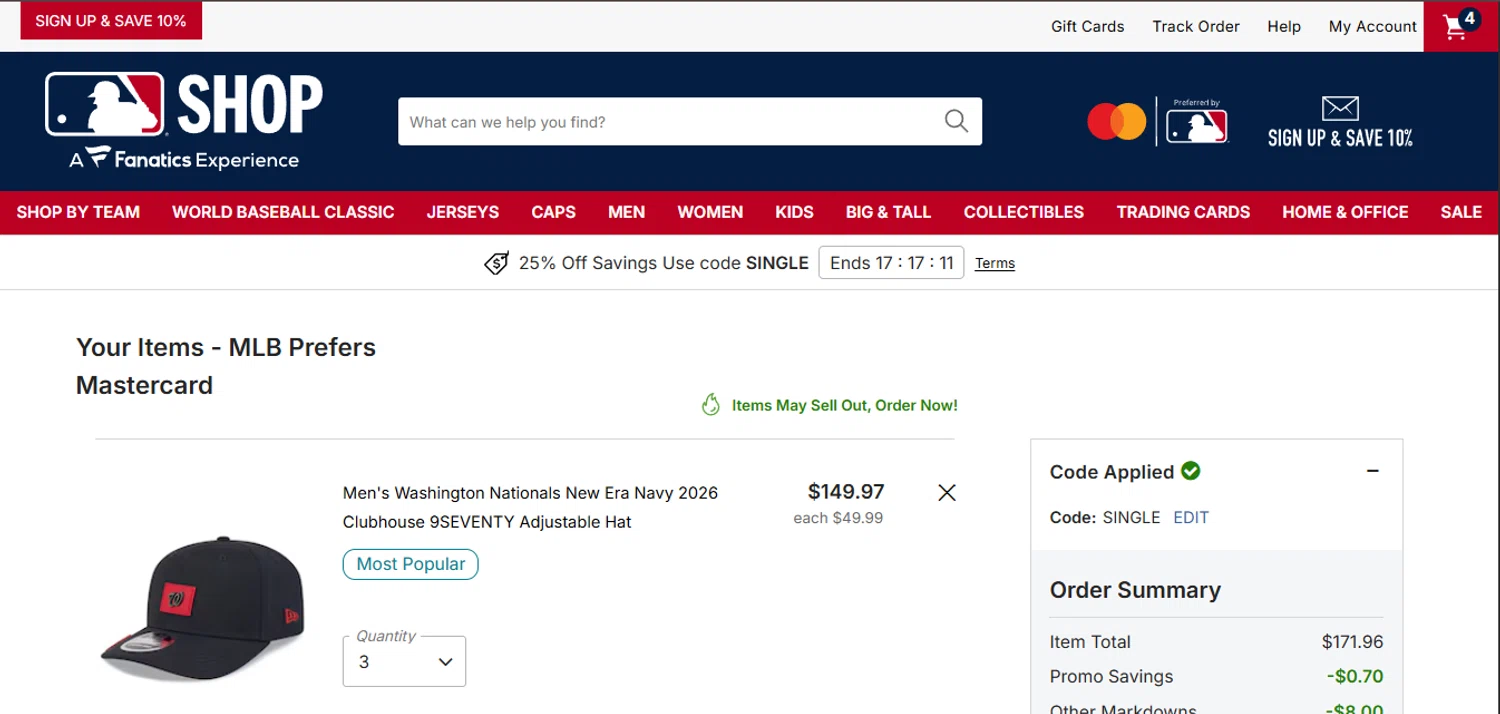 Washington Nationals promo code screenshot showing code SINGLE applied at Washington Nationals checkout page. Uploaded by SimplyCodes community member CleverGenius9882 on Feb 27, 2026