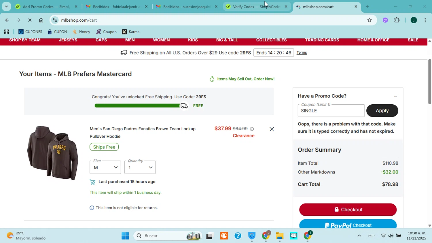 Washington Nationals promo code screenshot showing code SINGLE applied at Washington Nationals checkout page. Uploaded by SimplyCodes community member jorgejavierherrera on Nov 11, 2025