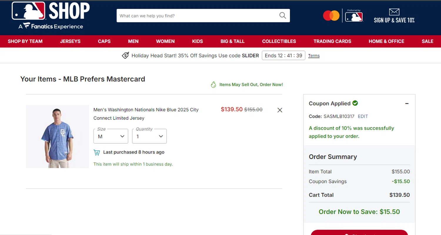 Washington Nationals promo code screenshot showing code SASMLB10317 applied at Washington Nationals checkout page. Uploaded by SimplyCodes community member SmartSaver7916 on Nov 16, 2025