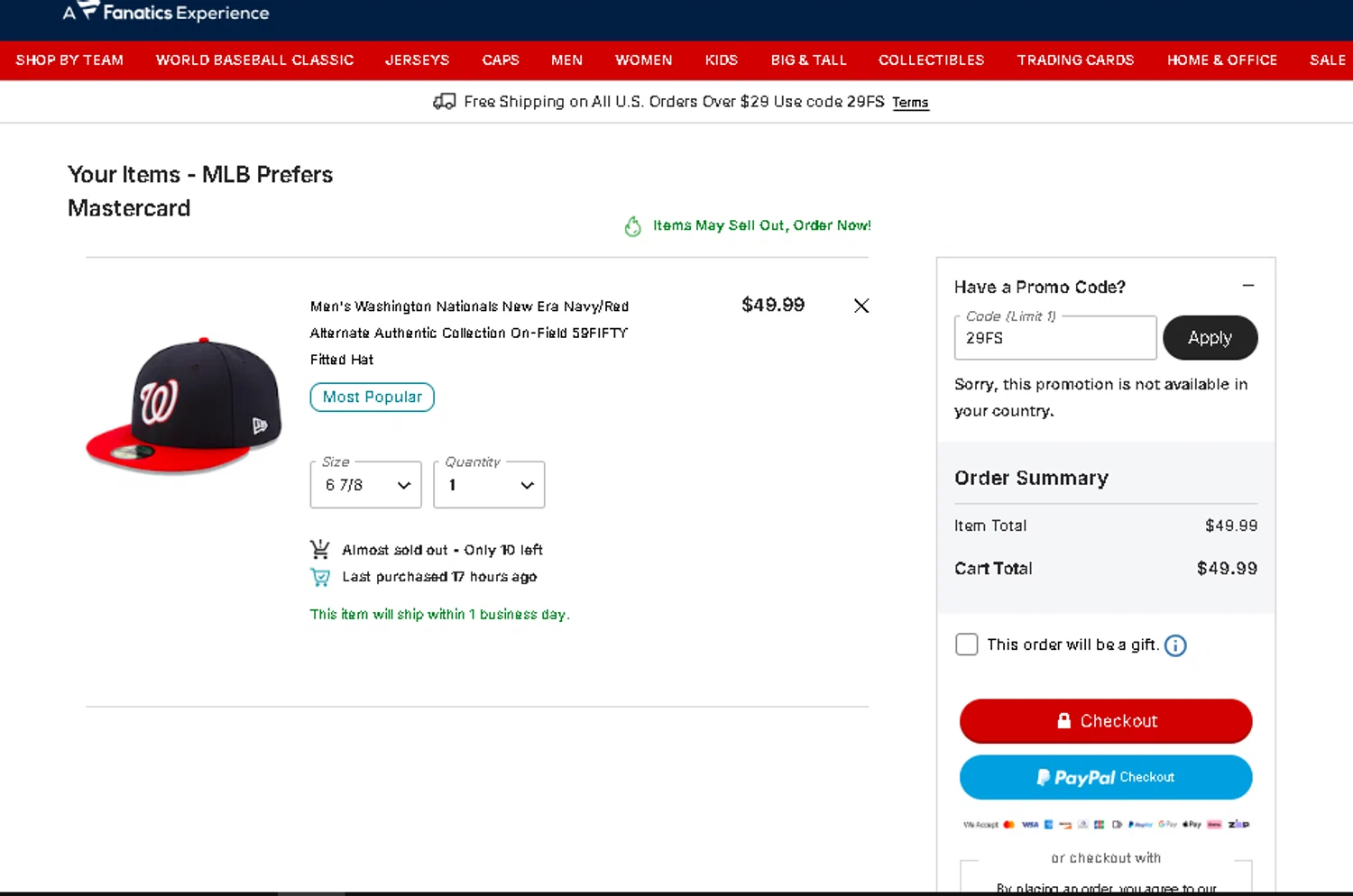 Washington Nationals checkout page showing Washington Nationals promo code box | Screenshot taken by SimplyCodes community member on Jan 19, 2026