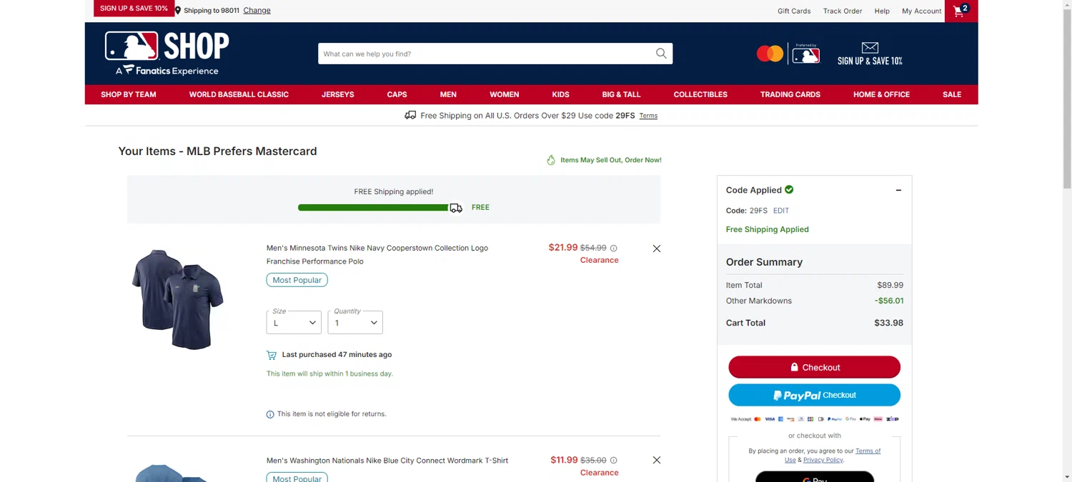 Washington Nationals checkout page showing Washington Nationals promo code box | Screenshot taken by SimplyCodes community member on Feb 6, 2026