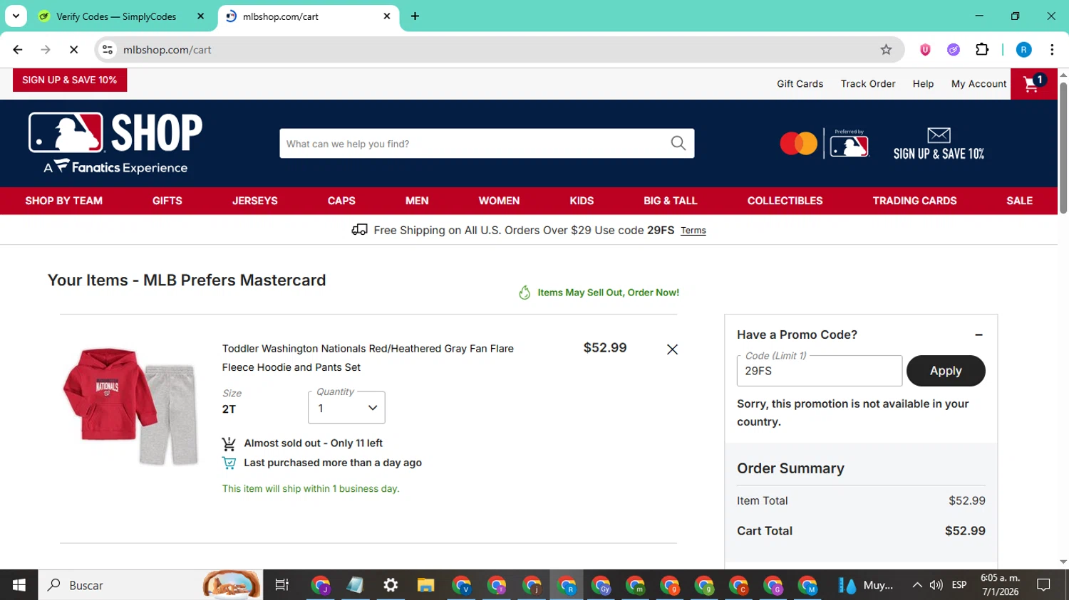 Washington Nationals checkout page showing Washington Nationals promo code box | Screenshot taken by SimplyCodes community member on Jan 7, 2026