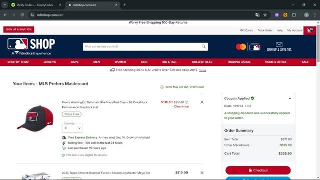 Washington Nationals checkout page showing Washington Nationals promo code box | Screenshot taken by SimplyCodes community member on Sep 6, 2025