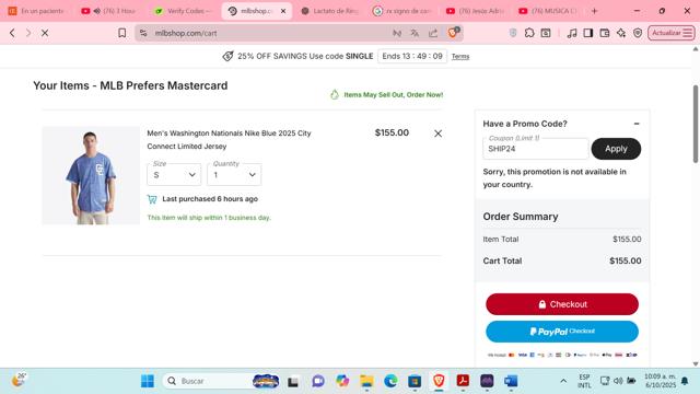 Washington Nationals checkout page showing Washington Nationals promo code box | Screenshot taken by SimplyCodes community member on Oct 6, 2025
