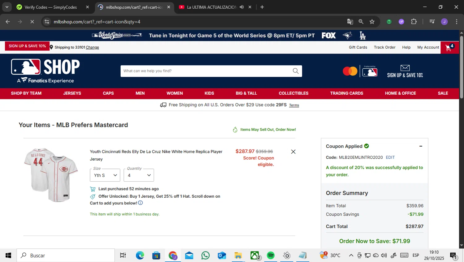 Washington Nationals promo code screenshot showing code MLB20EMLINTRO2020 applied at Washington Nationals checkout page. Uploaded by SimplyCodes community member ENCARAMESSI on Oct 29, 2025