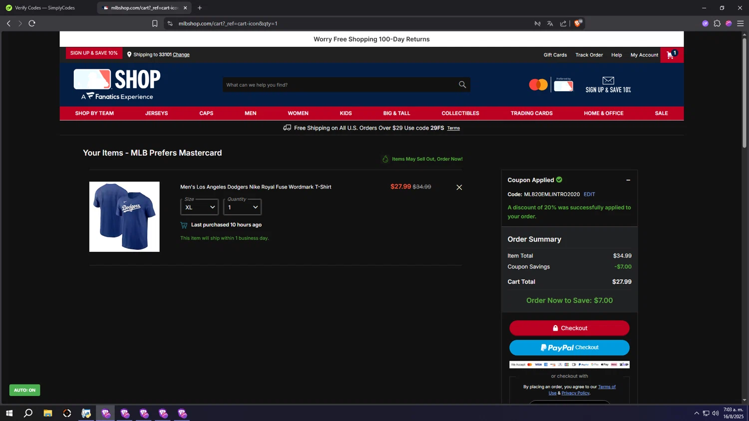 Washington Nationals promo code screenshot showing code MLB20EMLINTRO2020 applied at Washington Nationals checkout page. Uploaded by SimplyCodes community member INSECTOS on Aug 16, 2025