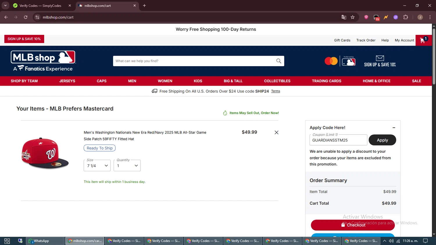 Washington Nationals promo code screenshot showing code GUARDIANSSTM25 applied at Washington Nationals checkout page. Uploaded by SimplyCodes community member ShrewdAdmiral5920 on Jun 16, 2025