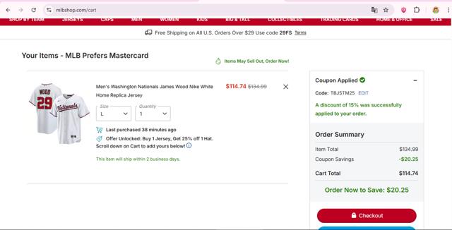 Washington Nationals checkout page showing Washington Nationals promo code box | Screenshot taken by SimplyCodes community member on Sep 5, 2025